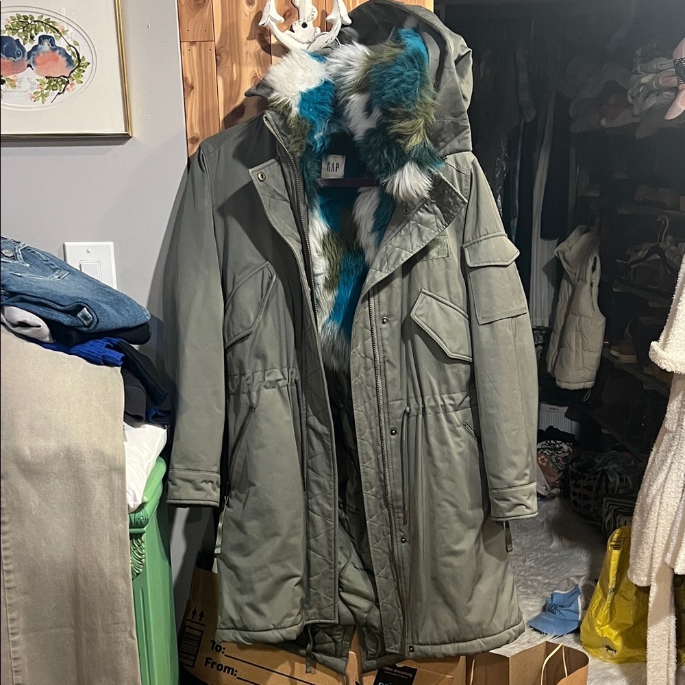 GAP Olive Parka with Faux Fur Hood